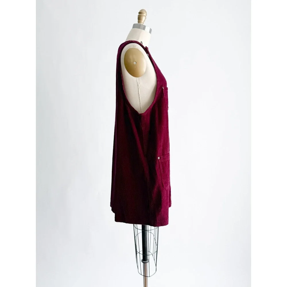 Basic Editions Corduroy Jumper Dress Vintage Pinafore Large Burgundy Button Up